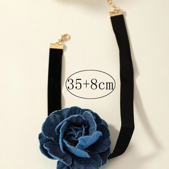 Black Velvet Choker Necklace with Blue Denim Flower - Picture 2 of 2